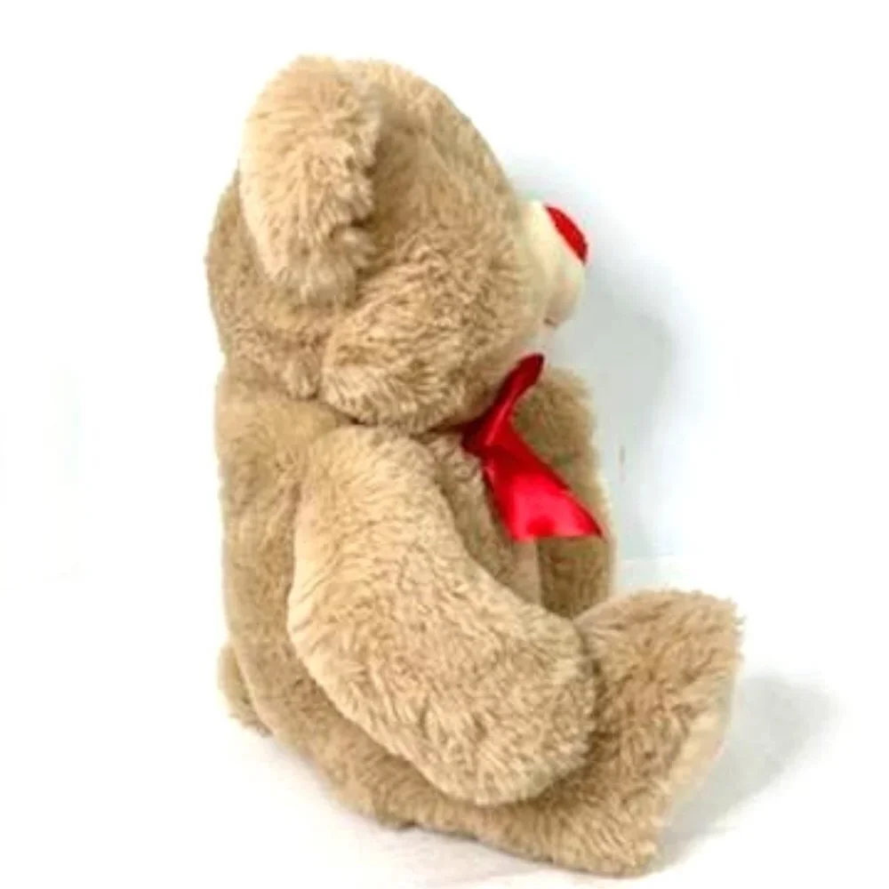 Tan Bear Plush‎ w/ Red Ribbon, Nose & Hearts on Paw